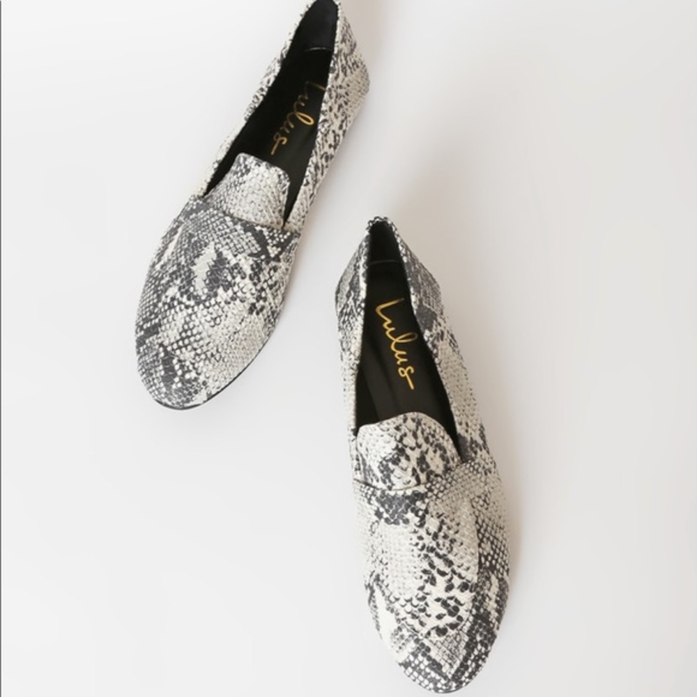 Lulus Maeza Black White Snake Print Loafers Work Shoes